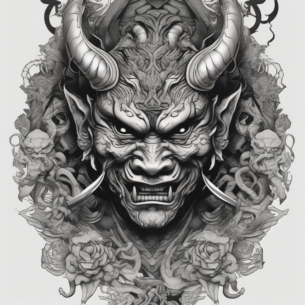 Back Tattoo with An Oni With a broken mask and a Sword, Dragons & snakes men ear tattoo(AIが生成したドットワークスタイルのタトゥーデザイン)